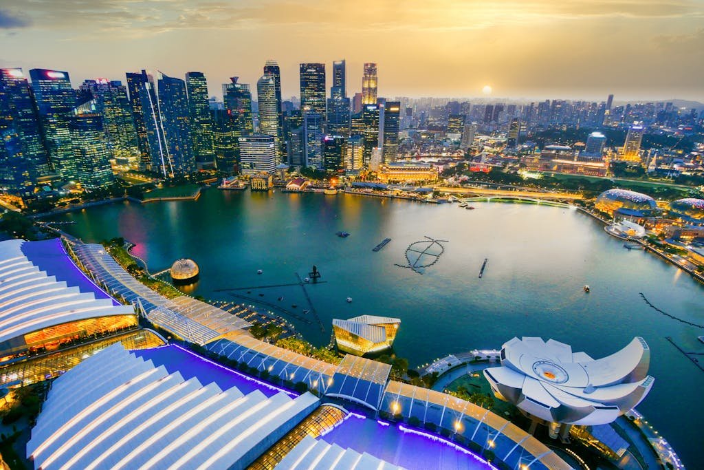 Aerial view of the Singapore skyline at sunset