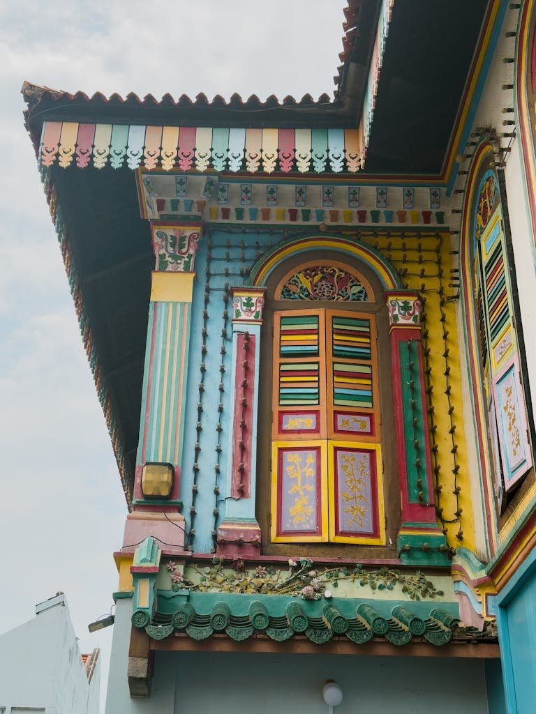 Colourful traditional shophouse architecture in Little India, Singapore